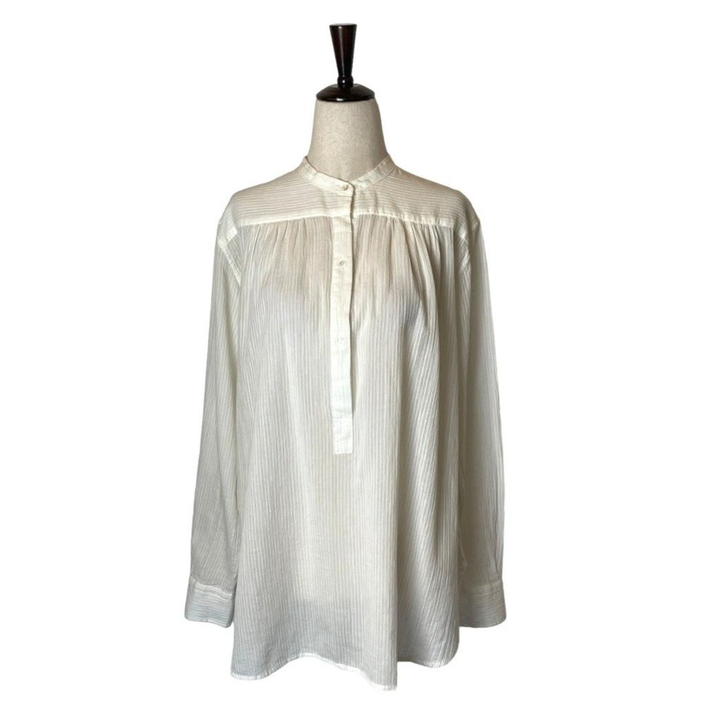Nili Lotan White Cotton Faint Stripe Half Button Down Long Sleeve Shirt Size M